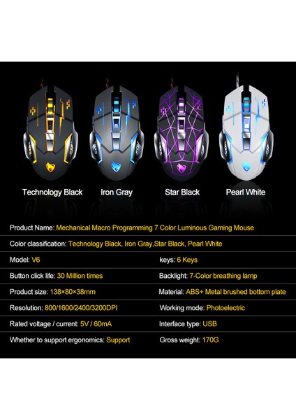 T -Wolf V6 USB Kablolu Fare 6 Düğmeleri Aydınlık Mekanik Bilgisayar Fare - Teknoloji Siyah indirimleri