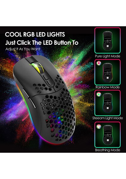 2.4g Bluetooth Çift Mod Dizüstü Bilgisayar Bilgisayar Için Rgb Arkadan Aydınlatmalı Rgb ile Kablosuz Fare - Siyah