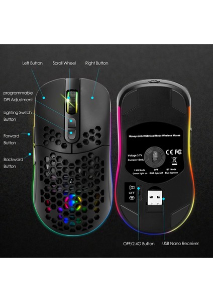 2.4g Bluetooth Çift Mod Dizüstü Bilgisayar Bilgisayar Için Rgb Arkadan Aydınlatmalı Rgb ile Kablosuz Fare - Siyah