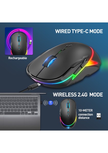 Hxsj T200 2.4ghz Kablosuz Fare 1200/2400/3200 Dpı Oyun Fare Taşınabilir Rgb Aydınlatma Ergonomik Bilgisayar Fare