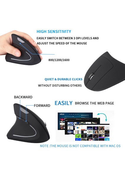 Pille Çalışan Sol El Kablosuz Fare Ergonomik Dikey Bilgisayar Oyun Fareleri 800/1200/1600 Dizüstü Bilgisayar Için Dpi fırsatları