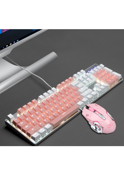 Kablolu USB Mekanik Klavye 104 Tuşlu Ergonomik Oyun Klavyesi Mouse Seti Oyun Yazma Pc Uyumlu Pembe(Yurt Dışından)