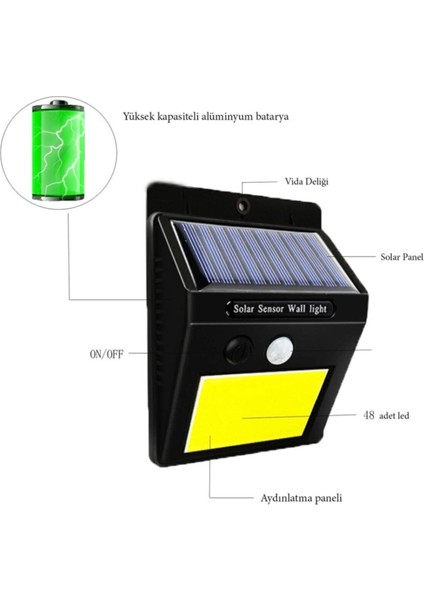 Solar Bahçe Aydınlatma 48 Ledli Fotoselli Güneş Enerjili Bahçe Lambası Hareket Sensörlü
