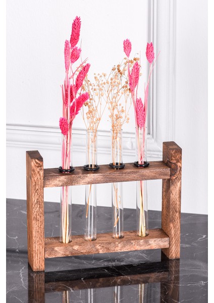 Muyika Uno Tubo Ahşap Cam Tüplü Vazo Dekorasyon Ürünü Dört Tüplü Vzo-Ah