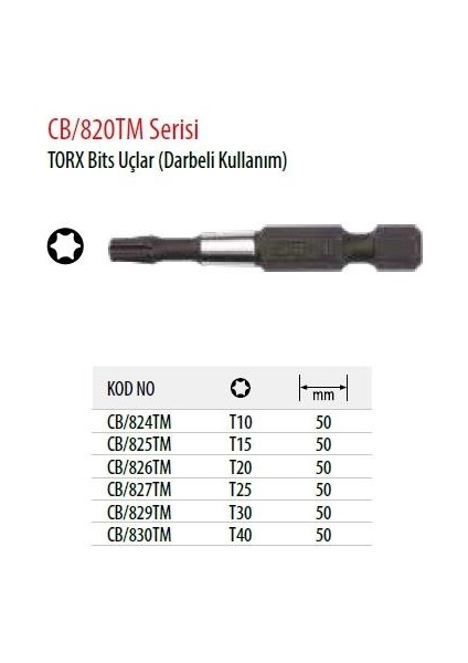 CB/830TM T40 50MM Torx Bits Uç Darbeli Kullanıma Uygun (1 Adet)