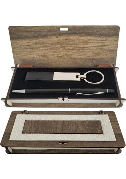 Ahşap Kutulu Siyah Anahtarlık Kalem Set Dekoratif Hediyelik