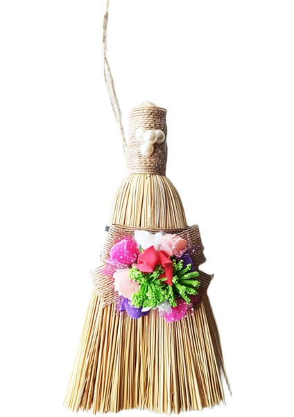 Çiçekli Inci Boncuklu Mini Boy Çalı Süpürgesi Nostaljik Duvar Dekoru