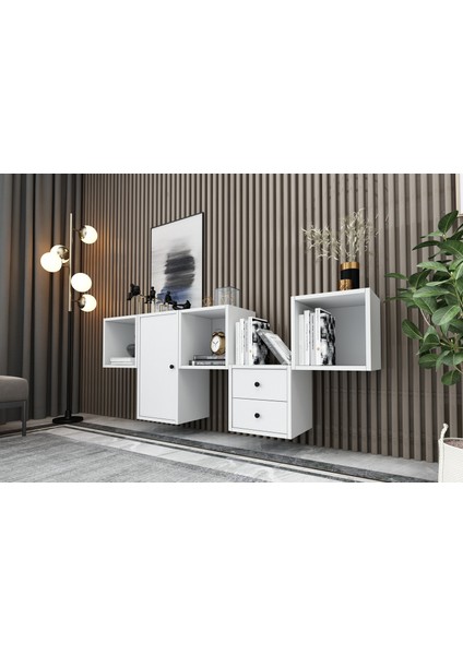 Dolapli Çekmeceli Duvar Rafli Kitaplik 170 cm Beyaz KTP-1445-Ç