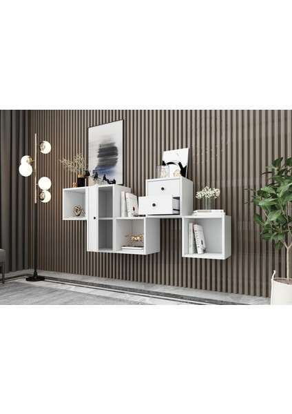 Dolapli Çekmeceli Duvar Rafli Kitaplik 170 cm Beyaz KTP-1445-Ç modelleri