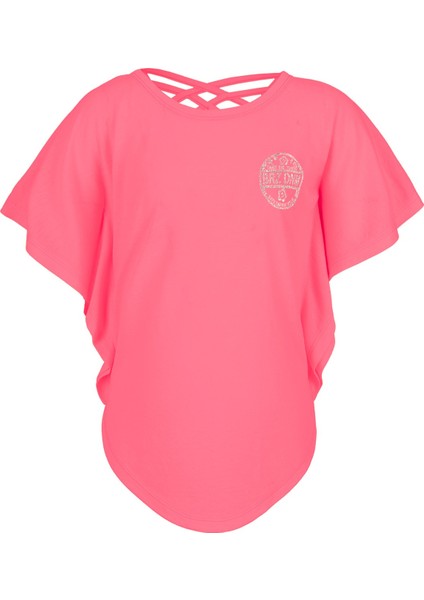 Sim Baskılı Neon Pembe Kız Çocuk Yarasa Kollu T-Shirt.