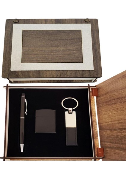 Easy Toptan Özel Ahşap Kutulu Siyah Anahtarlık Kalem ve Çakmak Set