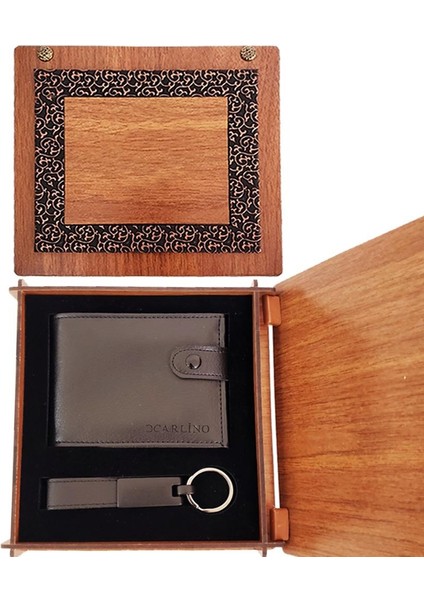 Easy Toptan Ahşap Kutulu Cüzdan Mat Siyah Anahtarlık Dekoratif Hediyelik
