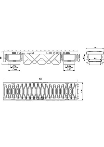 120X90X500MM Drenaj Kanalı