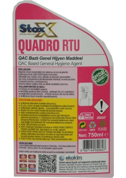 Quadro Rtu Qac Bazlı Genel Hijyen Malzemesi 750 ml