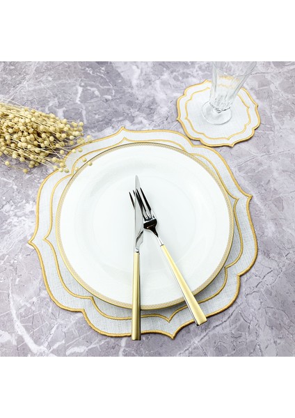 Gold Altın Renkli Çift Sargı Nakışlı 2 Parça Set Amerikan Servis ve Kokteyl Peçetesi