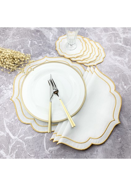 Gold Altın Renkli Çift Sargı Nakışlı 8 Parça Set Amerikan Servis ve Kokteyl Peçetesi