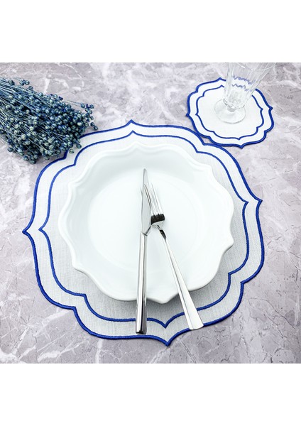 Mavi Renkli Çift Sargı Nakışlı 2 Parça Set Amerikan Servis ve Kokteyl Peçetesi
