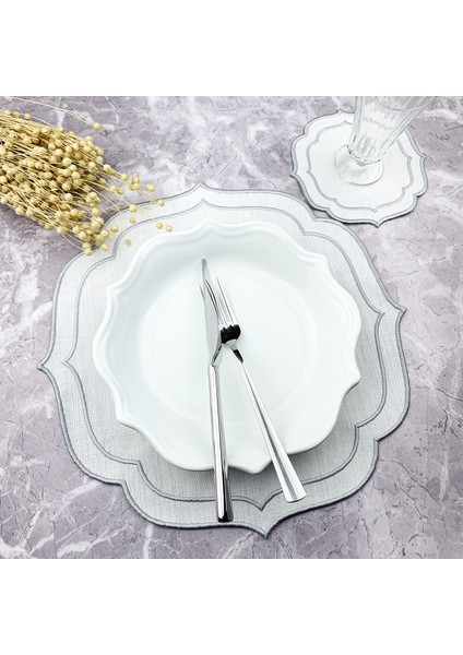 Gri Renkli Çift Sargı Nakışlı 2 Parça Set Amerikan Servis ve Kokteyl Peçetesi