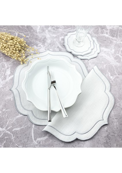 Gri Renkli Çift Sargı Nakışlı 4 Parça Set Amerikan Servis ve Kokteyl Peçetesi