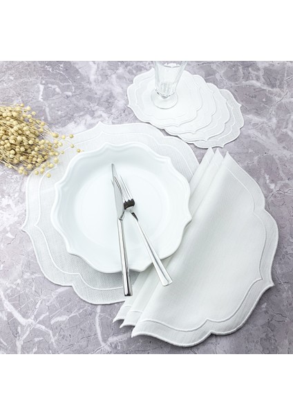 Beyaz Renkli Çift Sargı Nakışlı 8 Parça Set Amerikan Servis ve Kokteyl Peçetesi