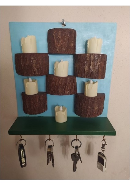 Ahşap Kare Duvar Rafı Kütük Ledli Mum Mumluk Anahtarlık G4