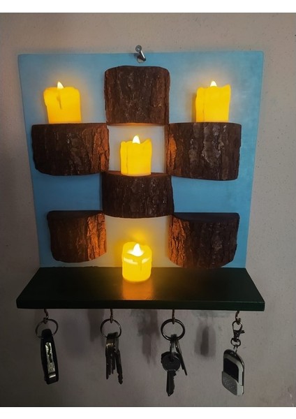 Ahşap Kare Duvar Rafı Kütük Ledli Mum Mumluk Anahtarlık G3
