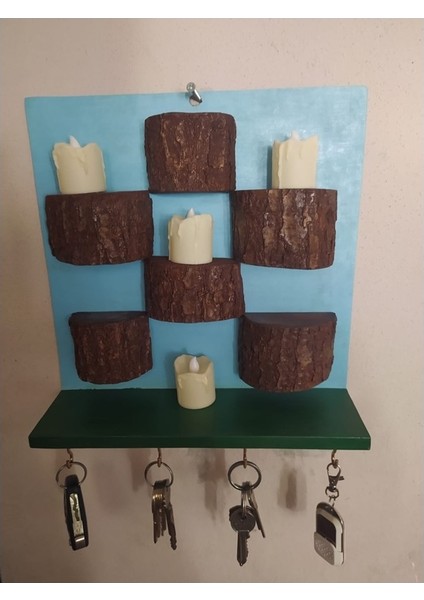 Ahşap Kare Duvar Rafı Kütük Ledli Mum Mumluk Anahtarlık G3