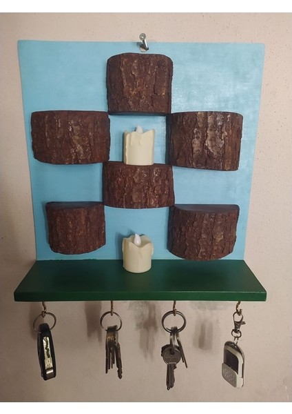 Ahşap Kare Duvar Rafı Kütük Ledli Mum Mumluk Anahtarlık G2