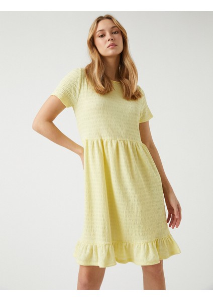 Fırfırlı Midi Elbise Kısa Kollu Bisiklet Yaka