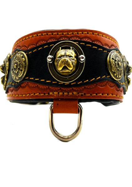 Kahverengi-Siyah Pitbull ve Aslan Başlı Deri Köpek Tasması