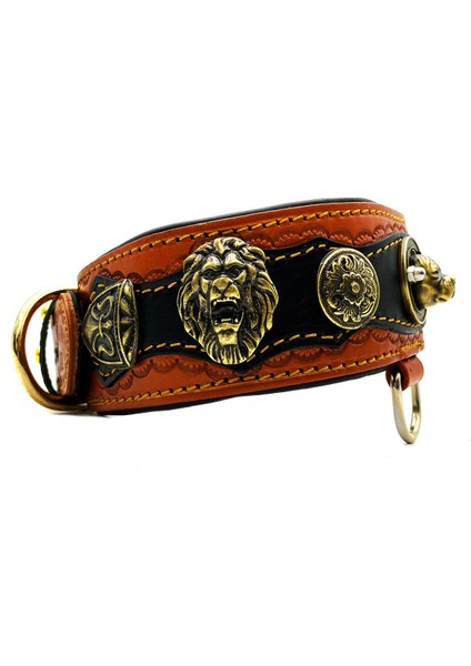 Kahverengi-Siyah Pitbull ve Aslan Başlı Deri Köpek Tasması fiyatları