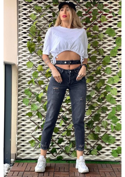 Çift Kemer Lazer Detaylı Mom Jean Kadın Pantolon 4610-096 Siyah