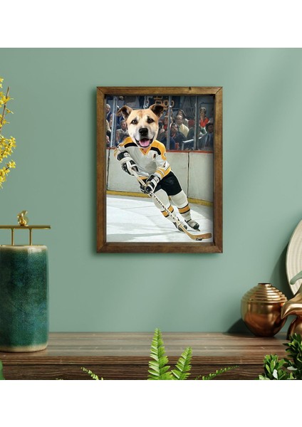 Evcil Dostlara Özel Buz Hokeyi Oyuncusu Tasarımlı Portre Doğal Masif Ahşap Çerçeveli Tablo 30X40CM-2