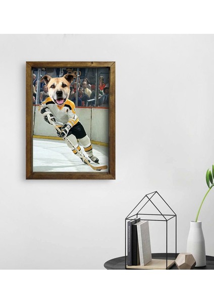Evcil Dostlara Özel Buz Hokeyi Oyuncusu Tasarımlı Portre Doğal Masif Ahşap Çerçeveli Tablo 30X40CM-2 fiyatları