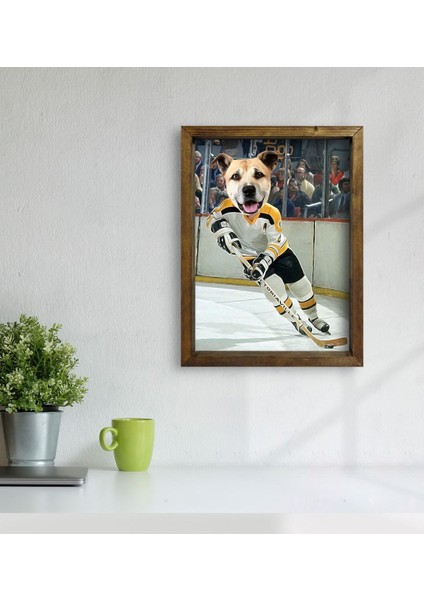 Evcil Dostlara Özel Buz Hokeyi Oyuncusu Tasarımlı Portre Doğal Masif Ahşap Çerçeveli Tablo 30X40CM-2 modelleri