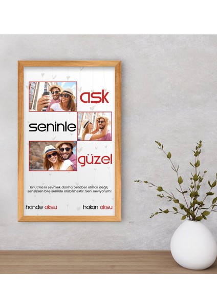 Kişiye Özel Aşk Seninle Güzel Temalı Dekoratif Retro Ahşap Çerçeveli Tablo 40X25CM-1
