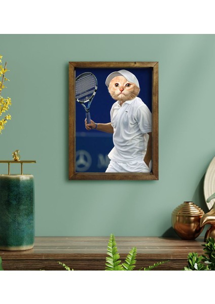 Evcil Dostlara Özel Tenis Oyuncusu Tasarımlı Portre Doğal Masif Ahşap Çerçeveli Tablo 30X40CM-1