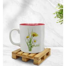 Kişiye Özel Papatya Temalı Içi Kırmızı Renkli Kupa Bardak Model 11