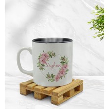 BK Kişiye Özel Çiçek Tasarımlı Içi Siyah Renkli Kupa Bardak Model 17