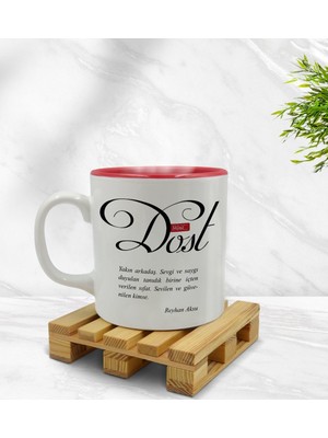 Kişiye Özel Mânâ Dost Tasarımlı Içi Kırmızı Renkli Kupa Bardak Model 1