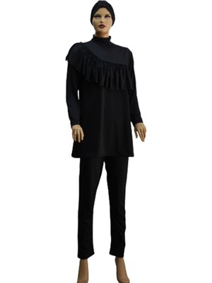 Eflin Kadın Giyim Hasema Siyah Çapraz Büzgülü Tam Kapalı Tesettür Mayo Büyük Beden Seçenekli