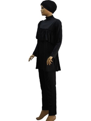 Eflin Kadın Giyim Hasema Siyah Çapraz Büzgülü Tam Kapalı Tesettür Mayo Büyük Beden Seçenekli