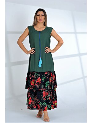 Keyifli Moda Kadın Yeşil Kolsuz Püsküllü Cepli Çiçekli Fırfırlı Bloklu Uzun Elbise