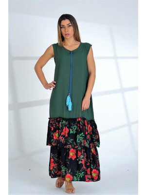 Keyifli Moda Kadın Yeşil Kolsuz Püsküllü Cepli Çiçekli Fırfırlı Bloklu Uzun Elbise