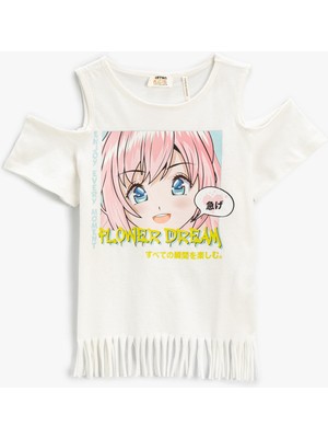 Koton Püsküllü Baskılı Tişört Pencere Detaylı Pamuklu