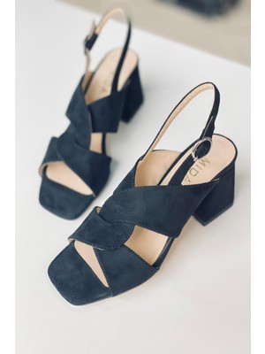 Mida Shoes Siyah Süet Çapraz Bantlı Topuklu Ayakkabı