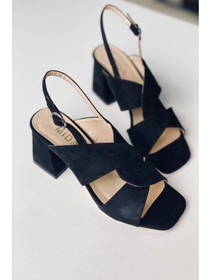 Mida Shoes Siyah Süet Çapraz Bantlı Topuklu Ayakkabı