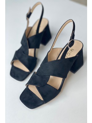 Mida Shoes Siyah Süet Çapraz Bantlı Topuklu Ayakkabı