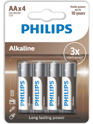 Philips Alkalin 4 Adet AA Kalem Pil 1.5V Elektronik Cihazlar İçin Güç Kaynağı