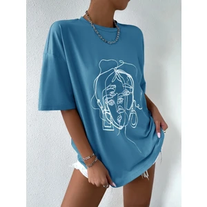 Kadın Çizgili Figür Oversize T-Shirt